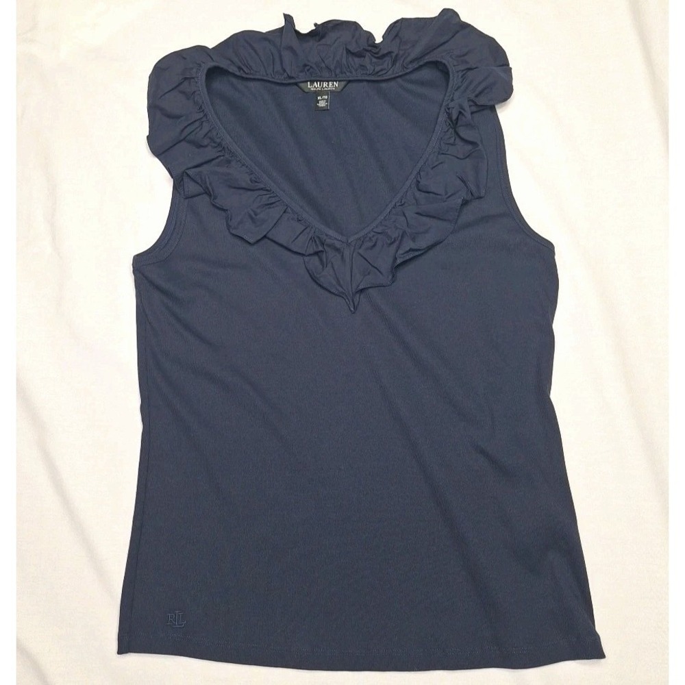 Lauren Ralph Lauren XL Navy Blue Ruffle‎ V Neck Ribbed Cotton Tank w Logo